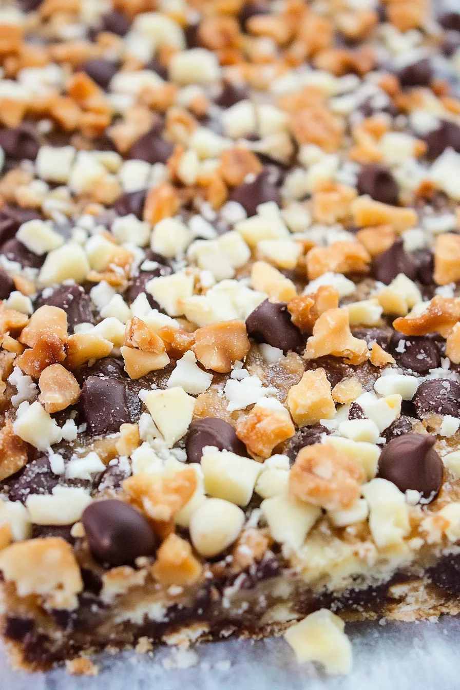 Close-up of chewy layered cookie bars showing chocolate chips and caramel drizzle.
