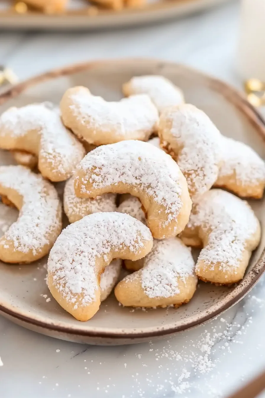 Buttery crescent-shaped cookies coated in powdered sugar on a parchment-lined plate.
