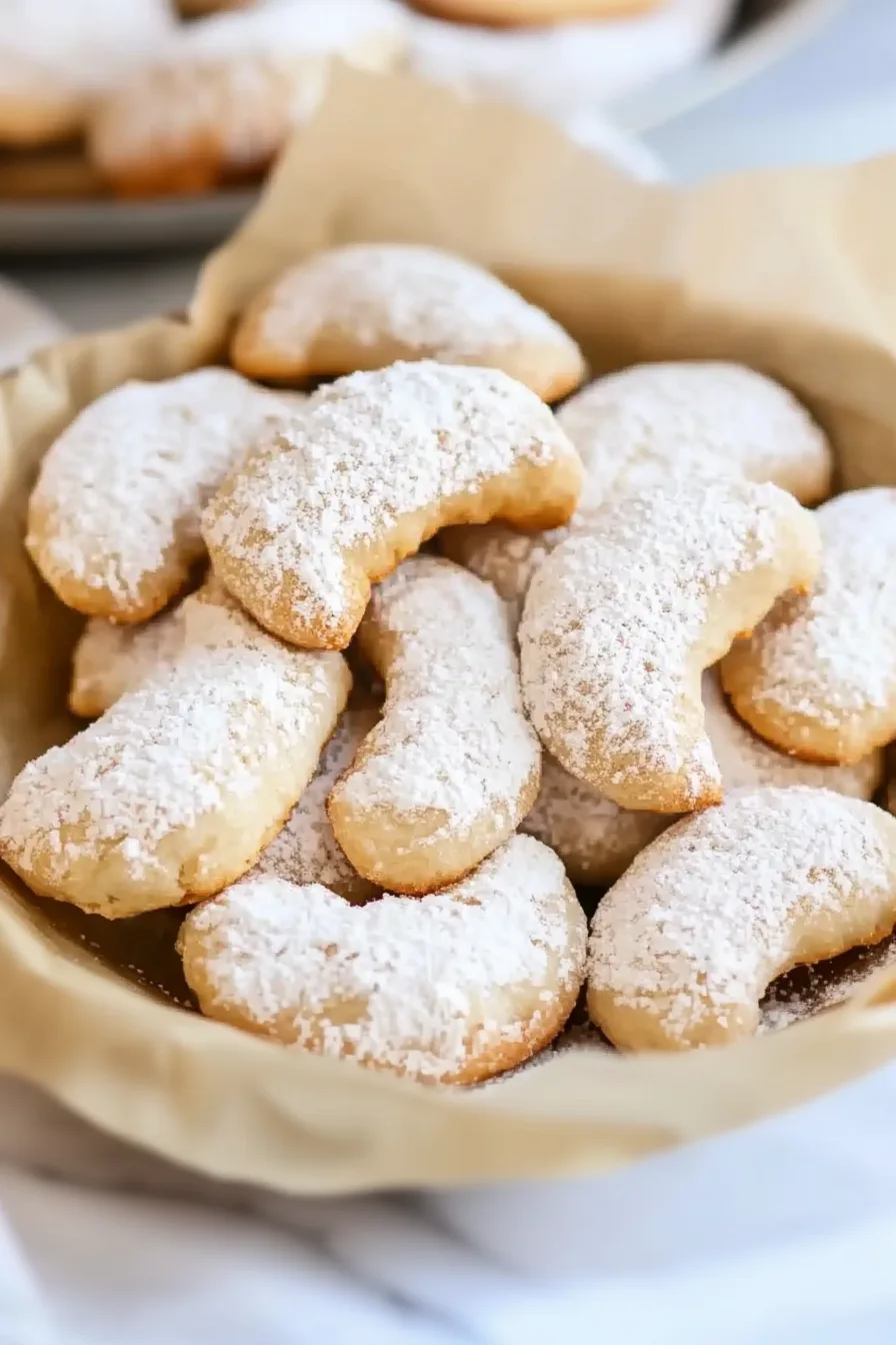 A basket of delicate crescent cookies with a light, snowy sugar coating.