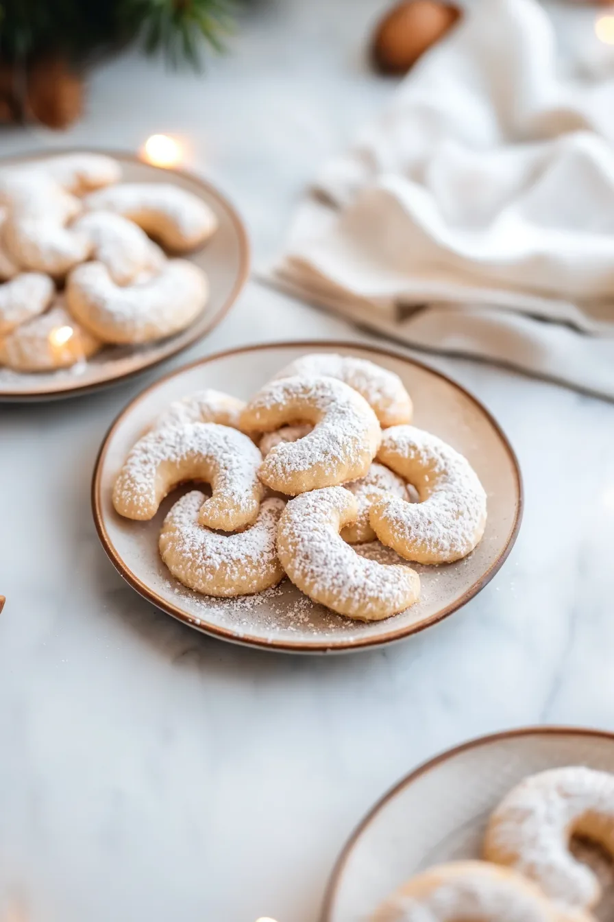 Homemade crescent cookies with golden edges and a generous sprinkle of powdered sugar.
