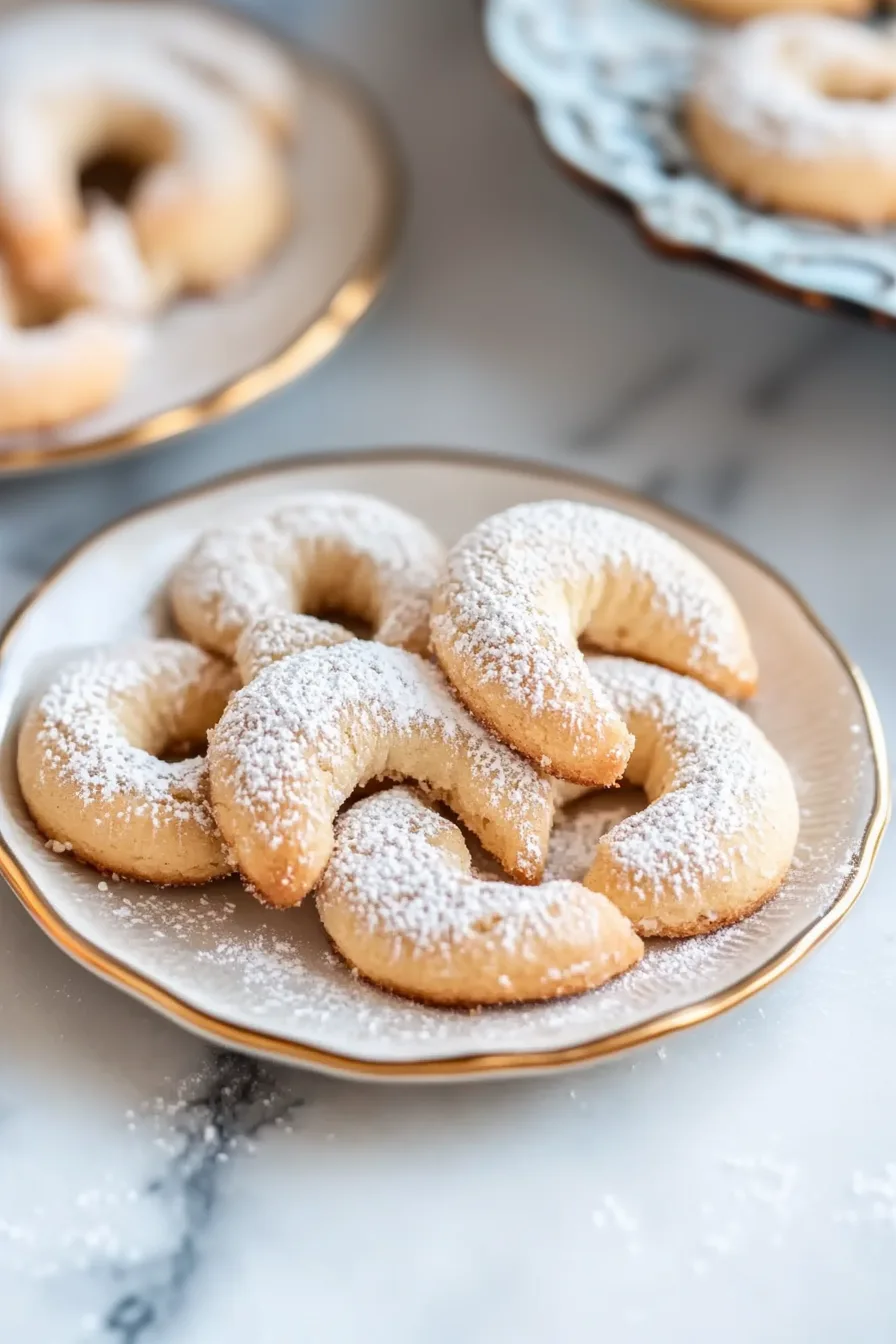 Pile of crescent cookies with a tender texture and a dusting of sugar for a classic look.