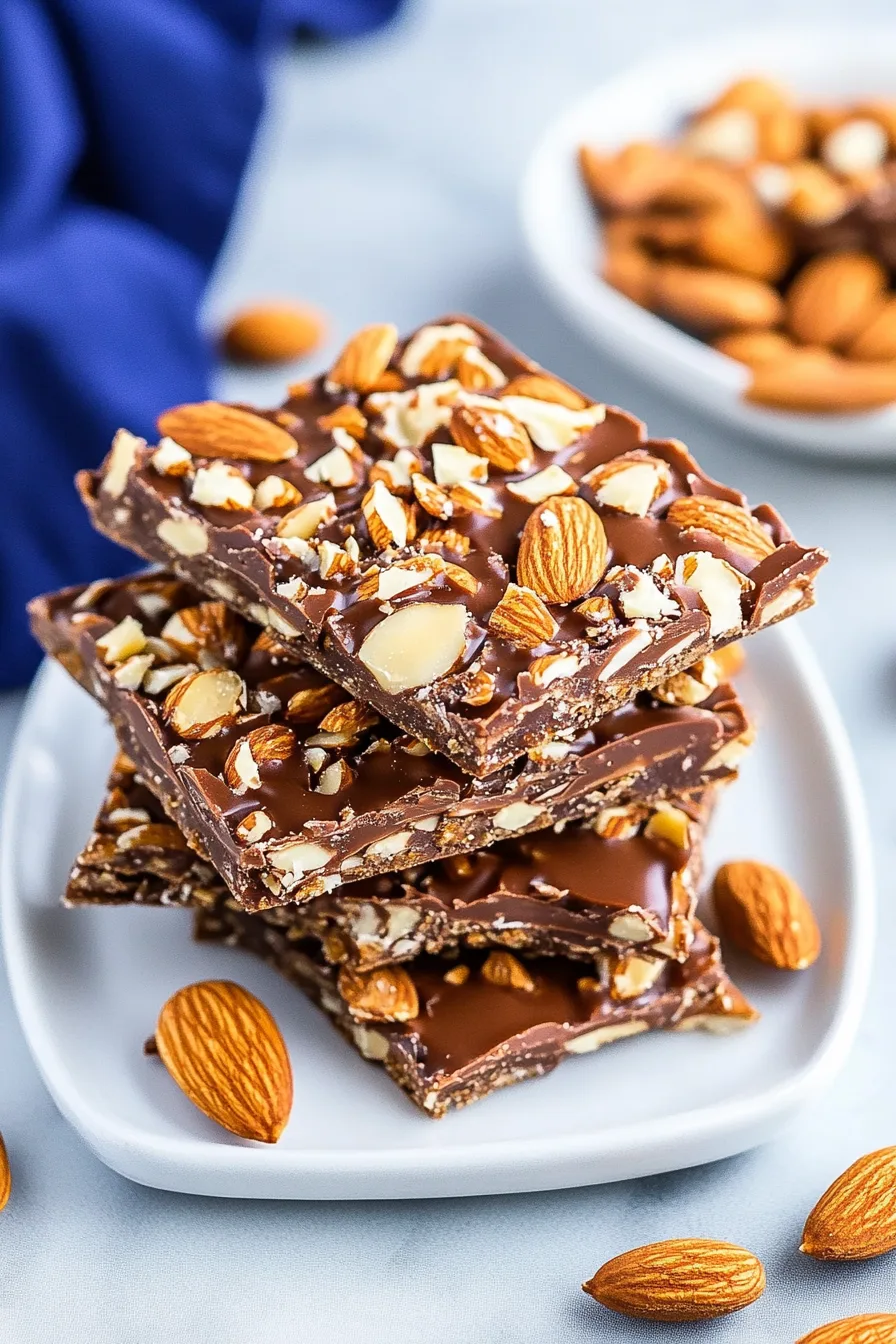 Stack of chocolate toffee pieces topped with crunchy almonds on a white plate.