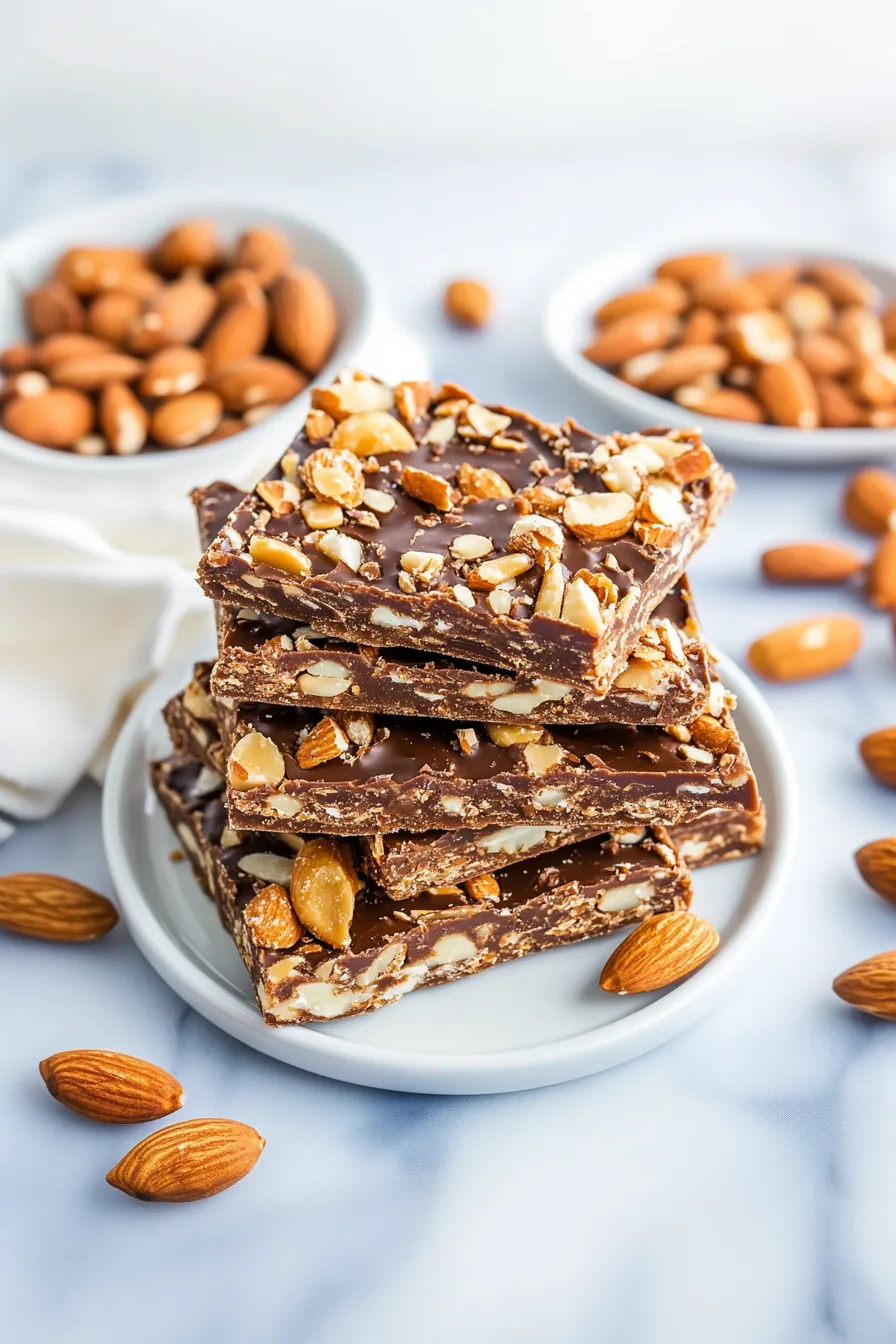 Thick squares of nutty chocolate toffee with scattered almonds around the plate.