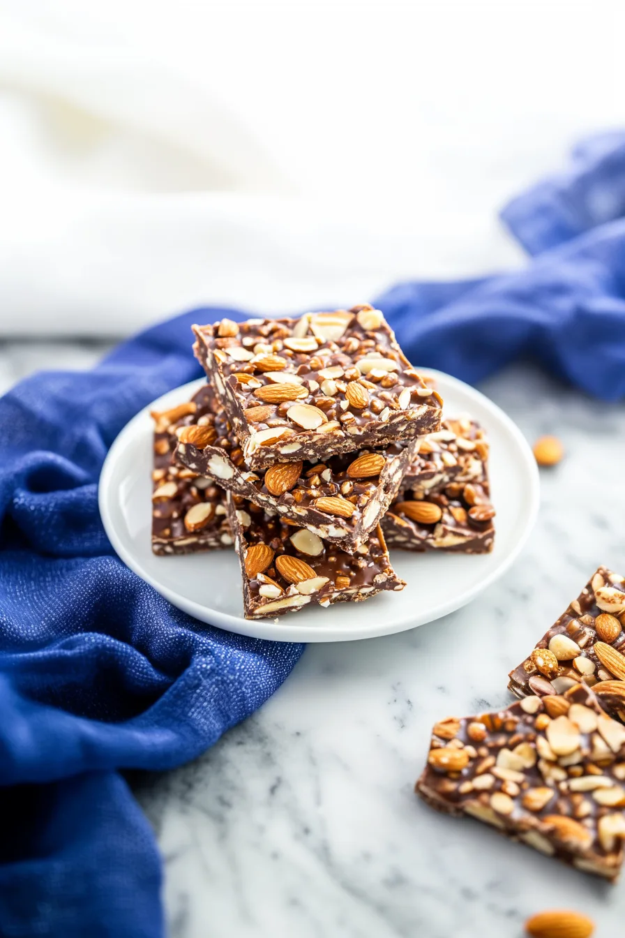 Plate of rich chocolate almond toffee showing its crunchy layers and smooth surface.