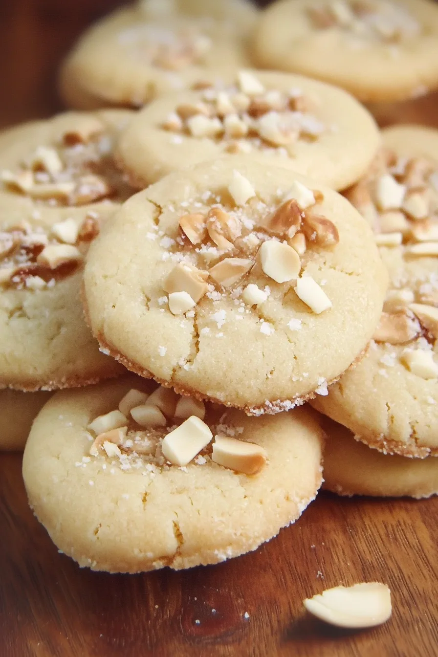 Close-up of golden shortbread rounds with a light sprinkle of sugar and almonds.