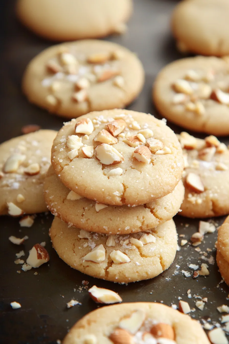 A stack of crumbly nut-topped cookies freshly baked and ready to serve.
