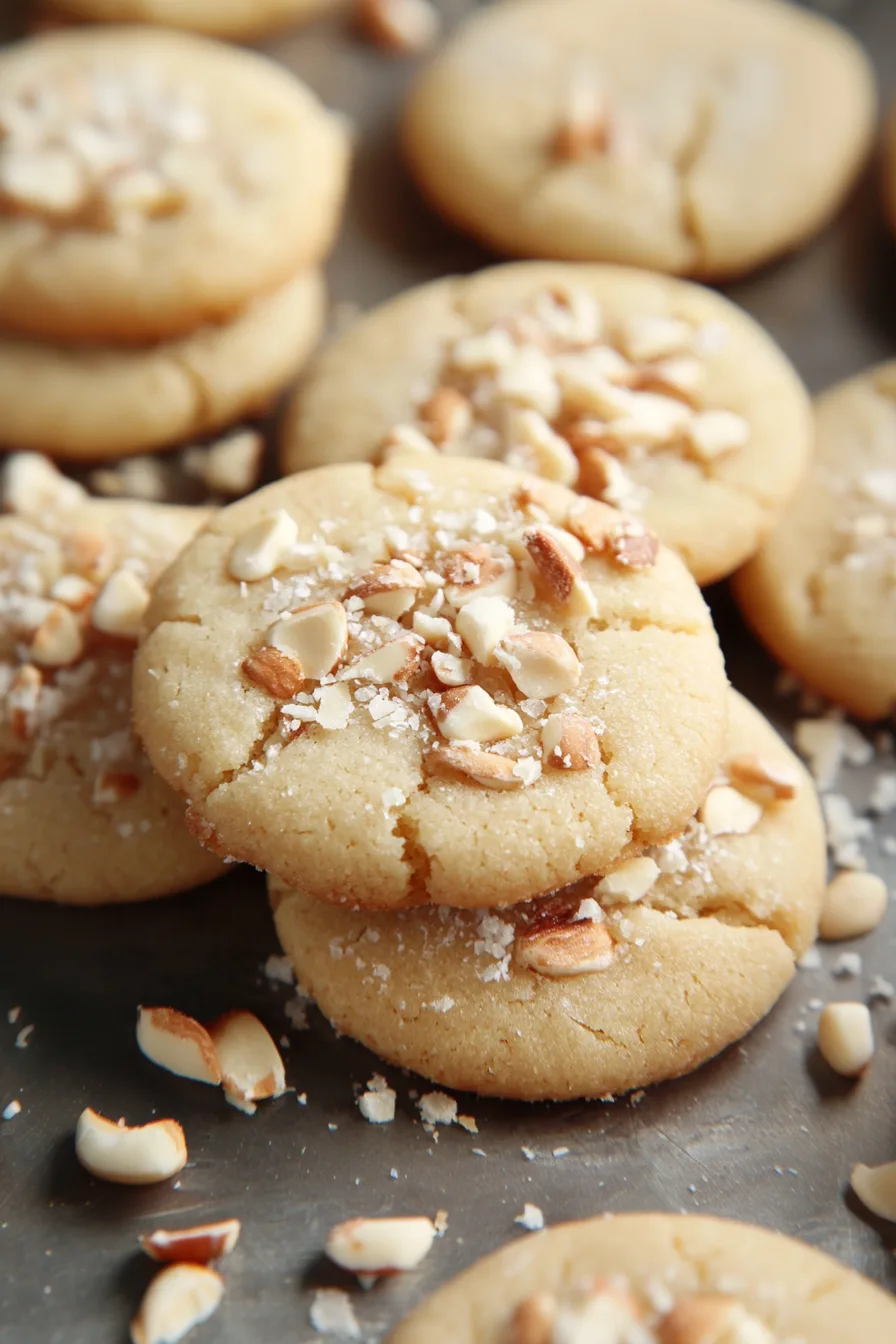 Buttery cookies topped with chopped nuts arranged on a wooden surface.