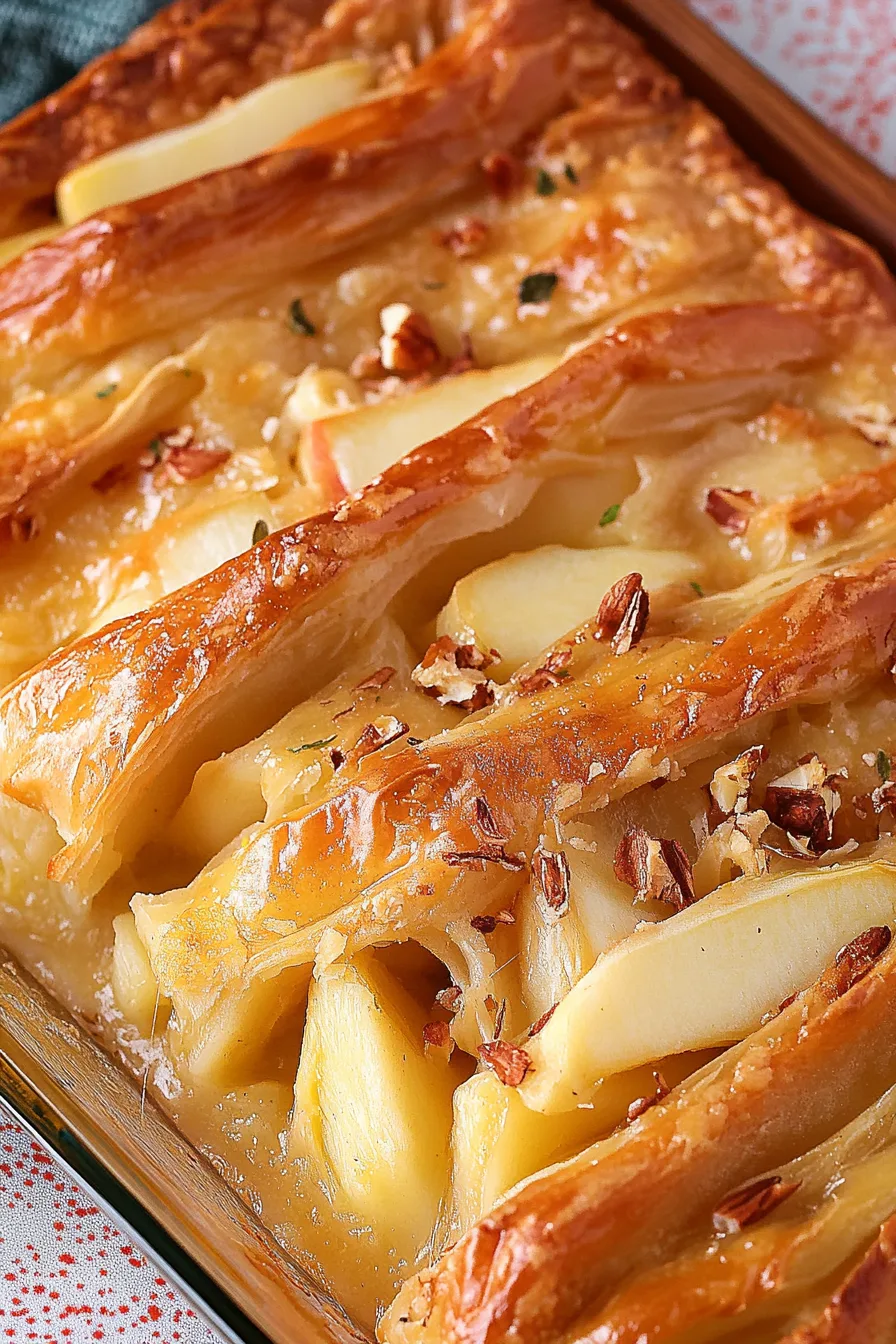 Close-up of flaky baked pastry filled with apple slices and melted cheese.