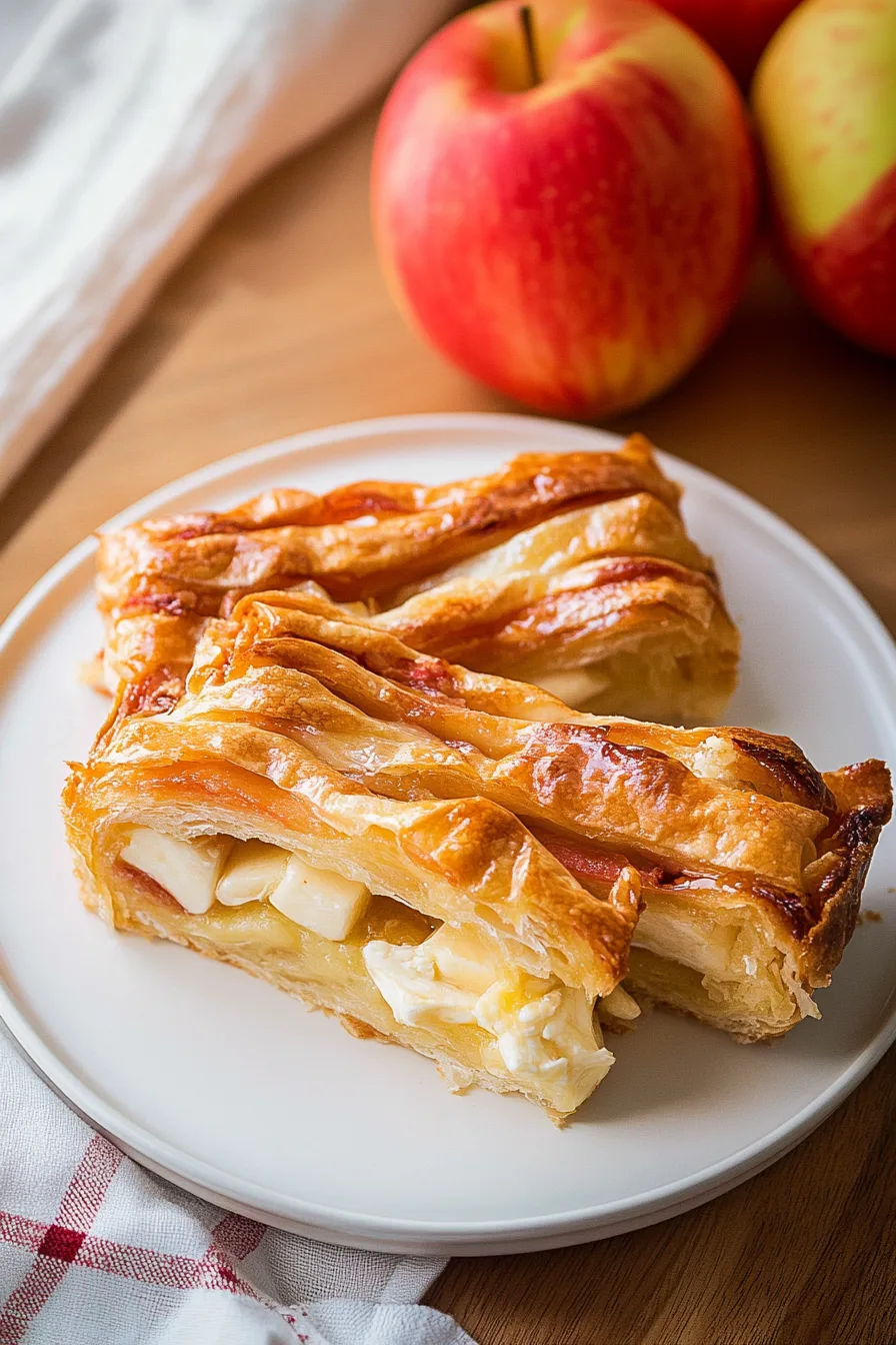 Golden brown phyllo layers with apples, brie, and chopped nuts on top.