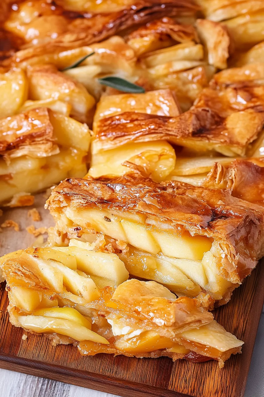 Freshly baked pastry with caramelized apples and gooey cheese filling.