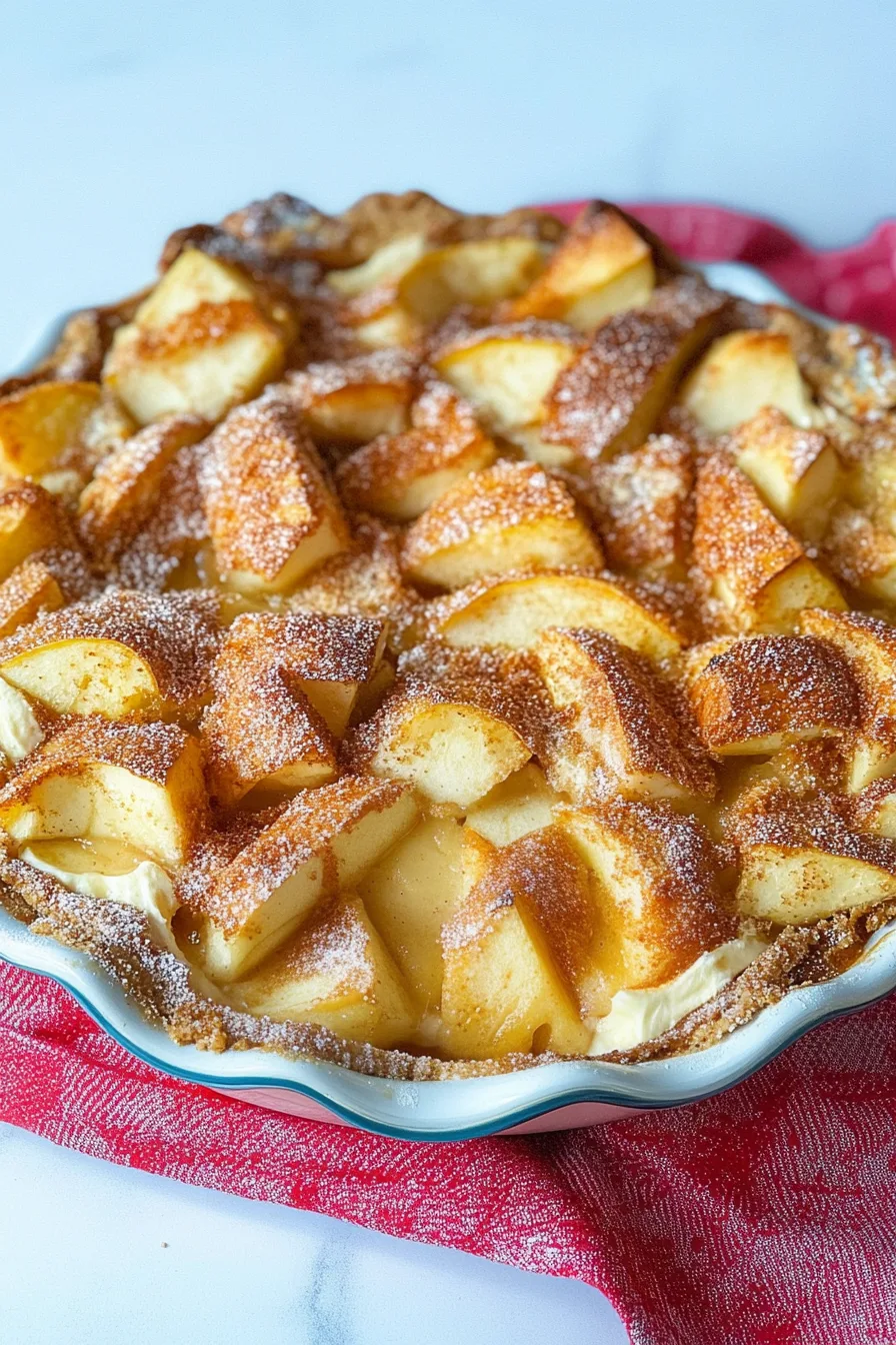 Golden apple pie with a custard-like filling and sugared topping.