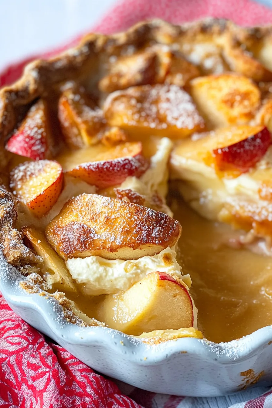 Close-up of a creamy apple dessert with a flaky crust.