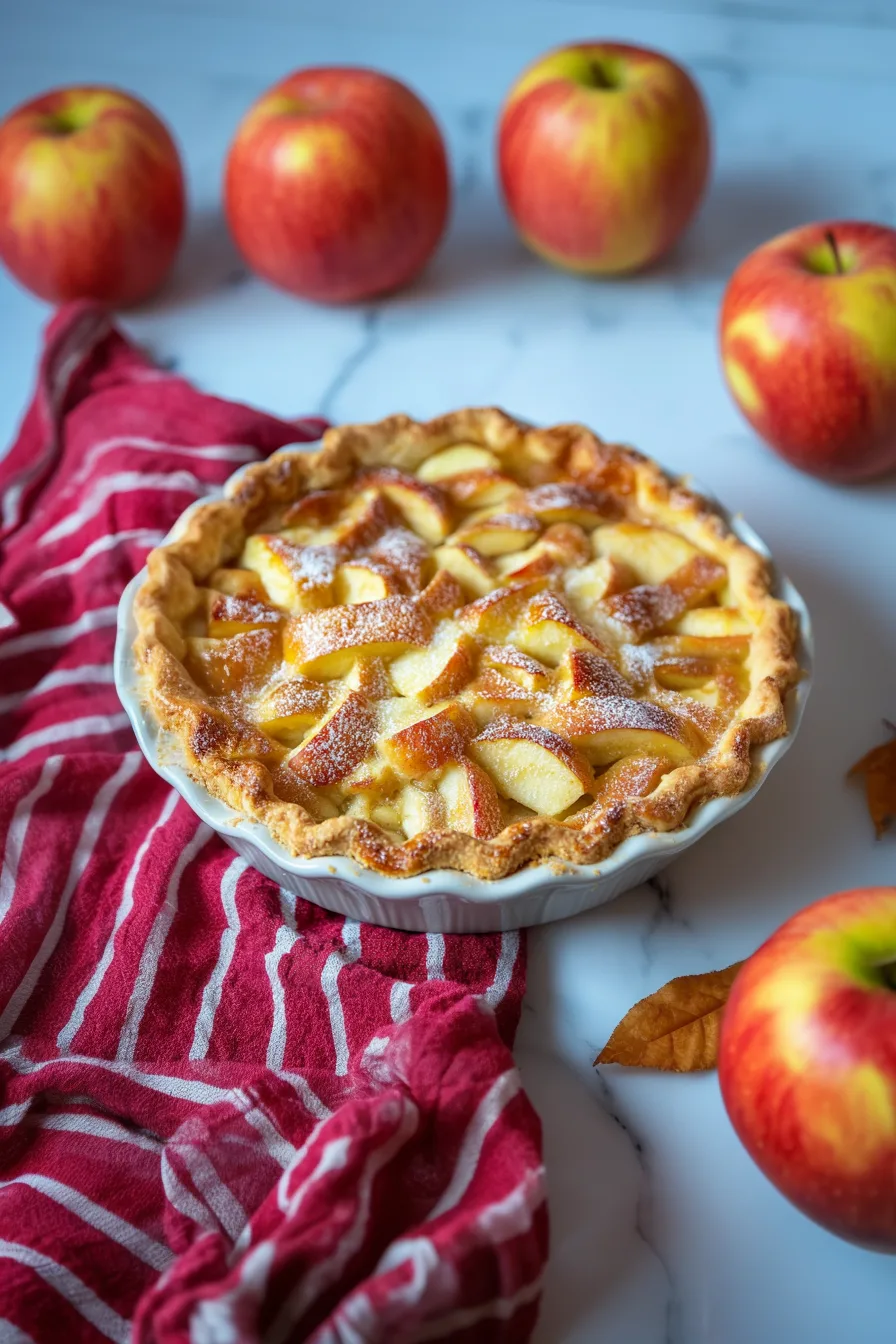 Freshly baked pie topped with golden apple slices and a dusting of sugar.