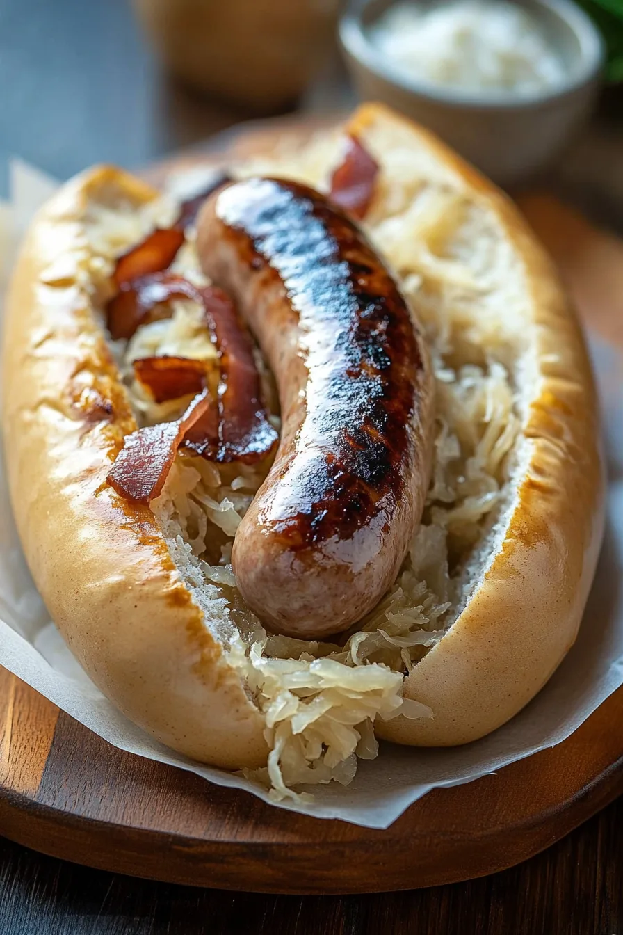 Close-up of golden brown bratwurst with a glossy sear.