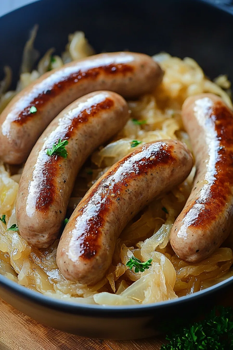 Pan of browned bratwurst ready to serve with sauerkraut or mustard.