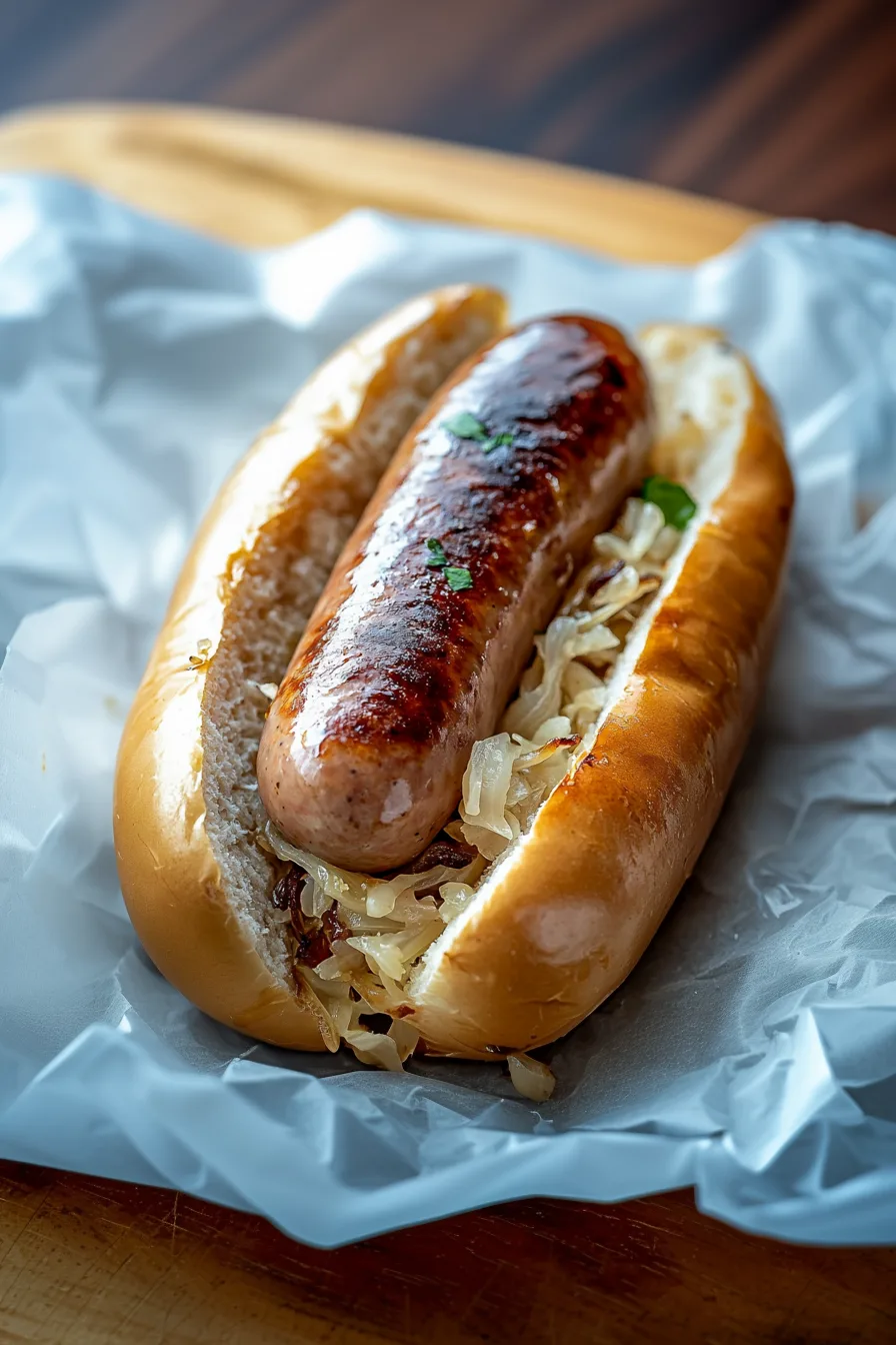 Juicy sausages resting on cooked onions and garnished with parsley.