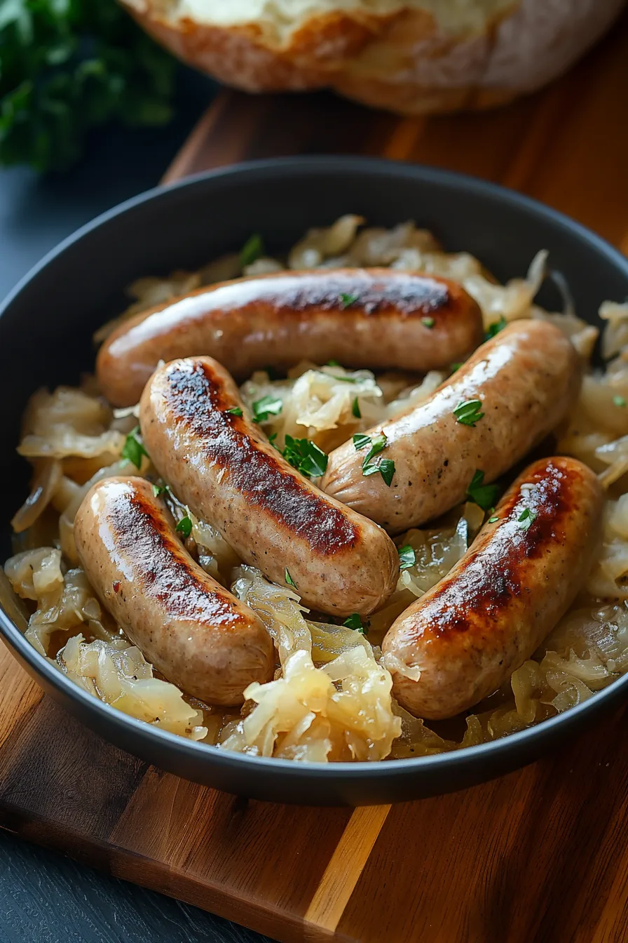 Grilled sausages served over a bed of caramelized onions in a skillet.