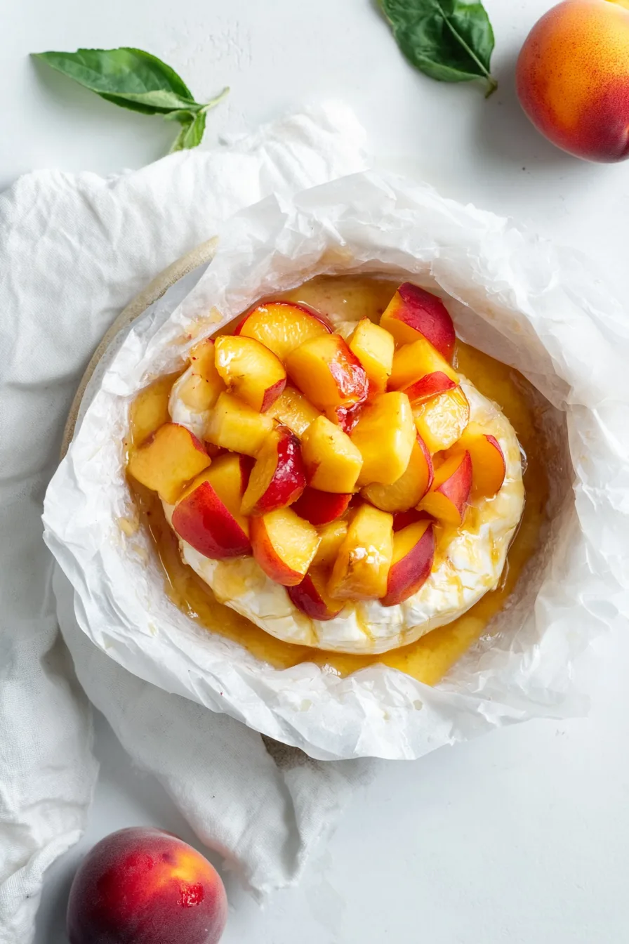 Gooey brie baked with a fruity peach glaze inside parchment paper.