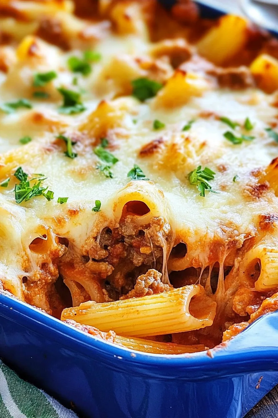 Comforting pasta casserole with sausage pieces and melted mozzarella on top.