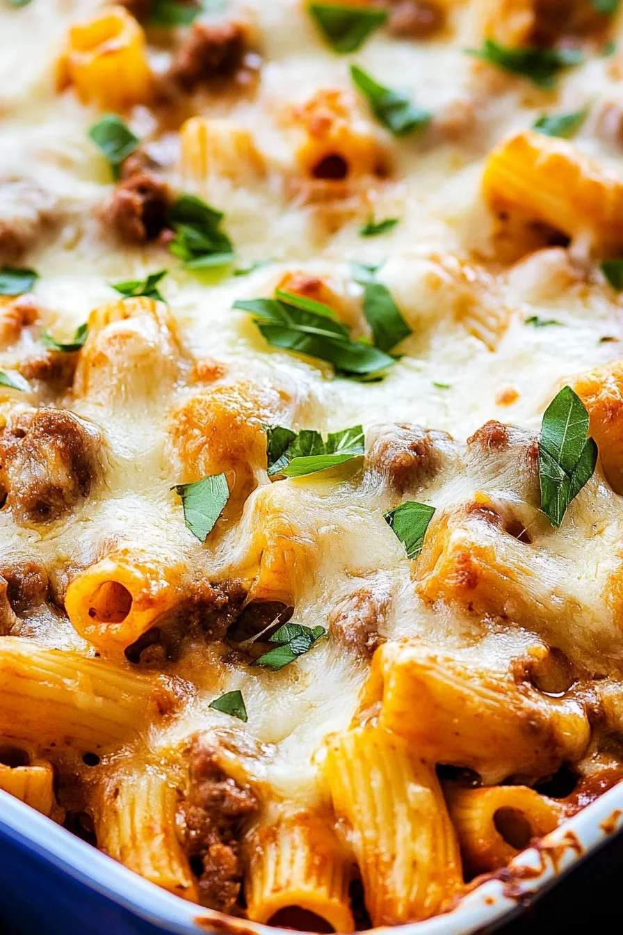 Cheesy baked pasta with sausage and melted mozzarella in a blue casserole dish.