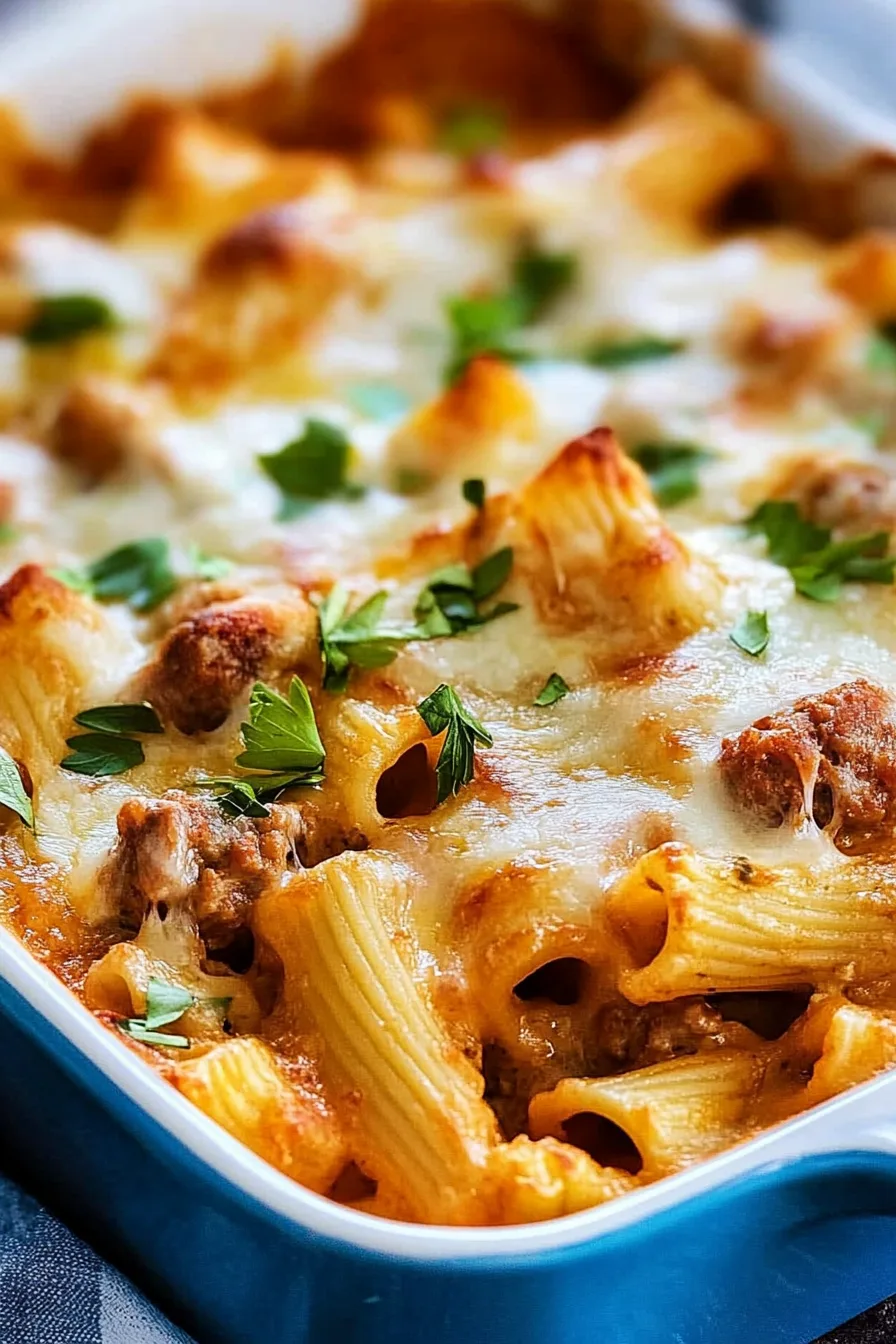 Creamy baked pasta fresh from the oven with browned cheese and herbs.