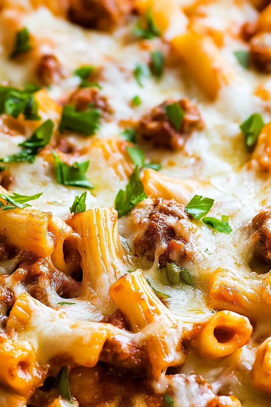 Close-up of golden baked rigatoni topped with melted cheese and fresh parsley.
