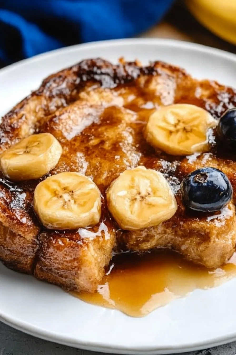 Close-up of a golden, custardy banana bread bake with fresh banana slices and syrup drizzle.