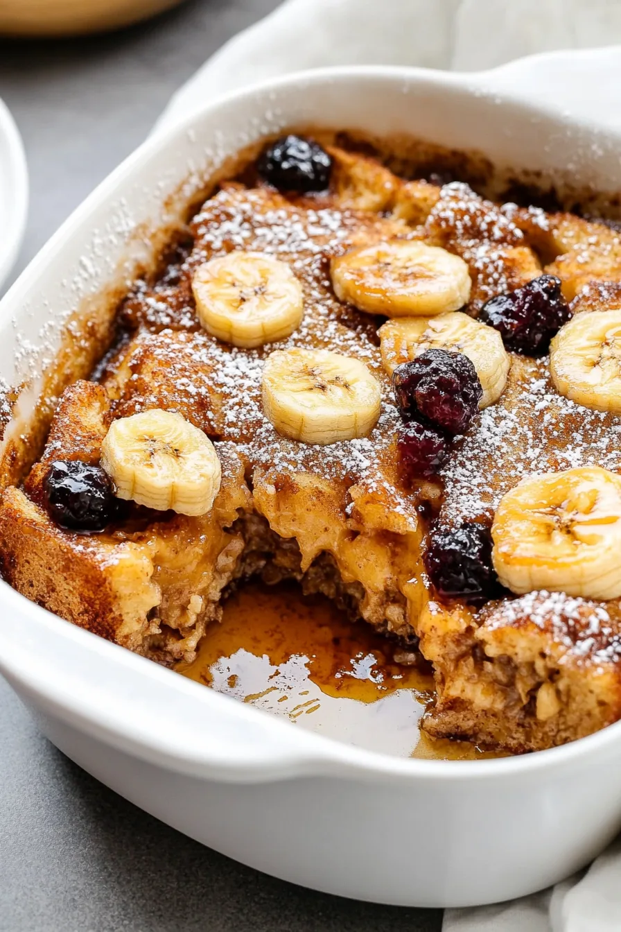 Freshly baked breakfast dish featuring banana bread cubes soaked in rich syrup.