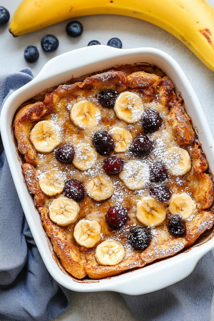 Moist banana bread-style casserole glistening with syrup and fruit garnish.
