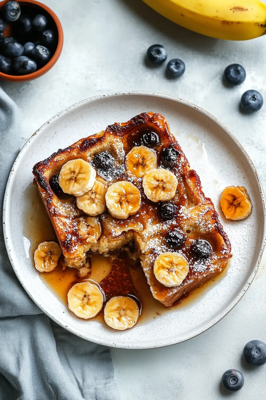 A warm slice of baked breakfast casserole topped with caramelized bananas and maple syrup.
