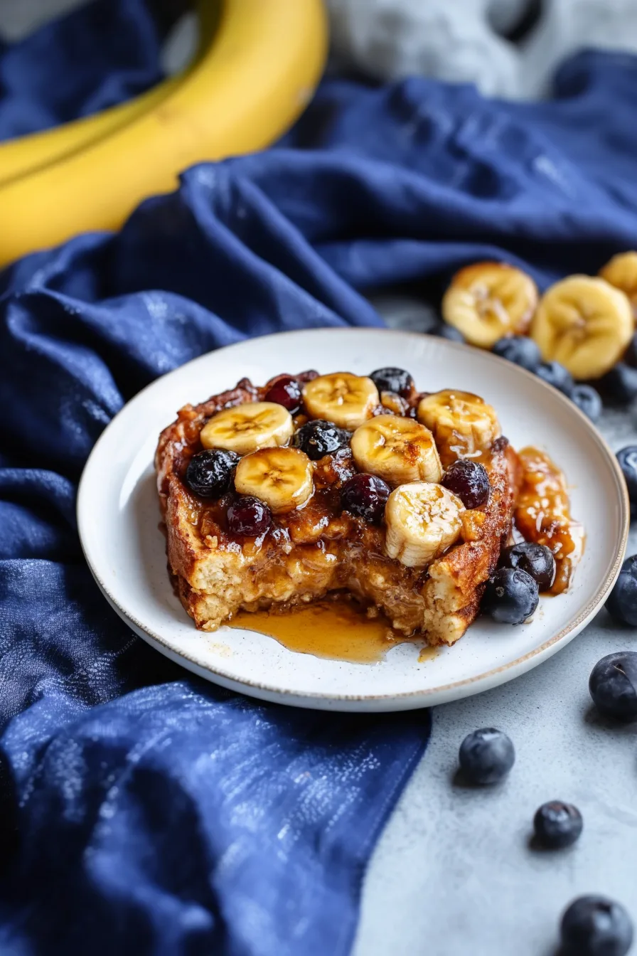 Sweet breakfast casserole served on a white plate with bananas and blueberries on top.