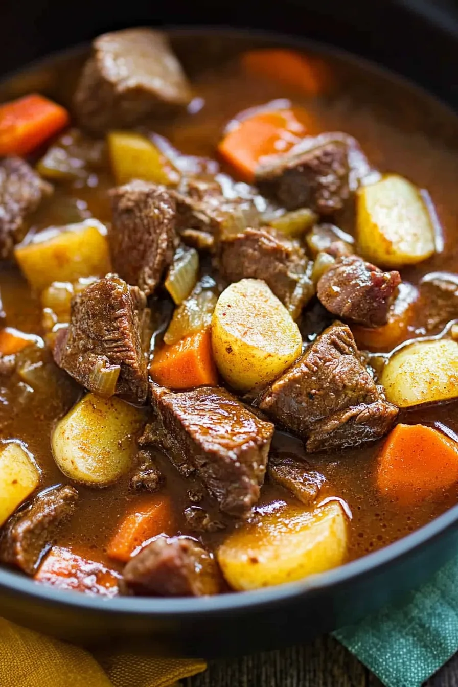 Close-up of slow-cooked beef and vegetables in a savory ale-based sauce.