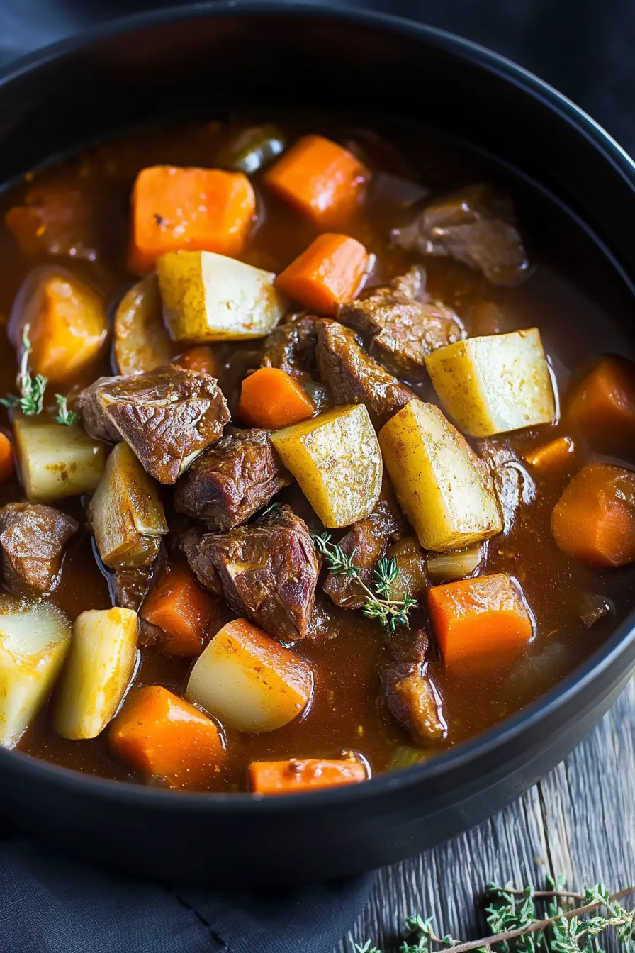 Rustic bowl filled with braised short ribs, carrots, and potatoes in thick gravy.