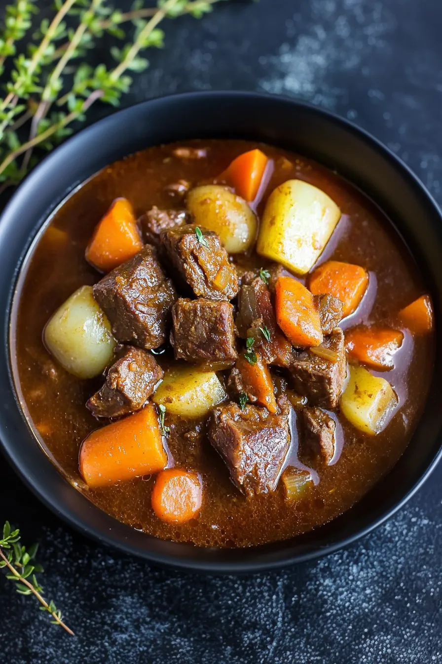 Warm, comforting stew showcasing tender meat and colorful root vegetables.