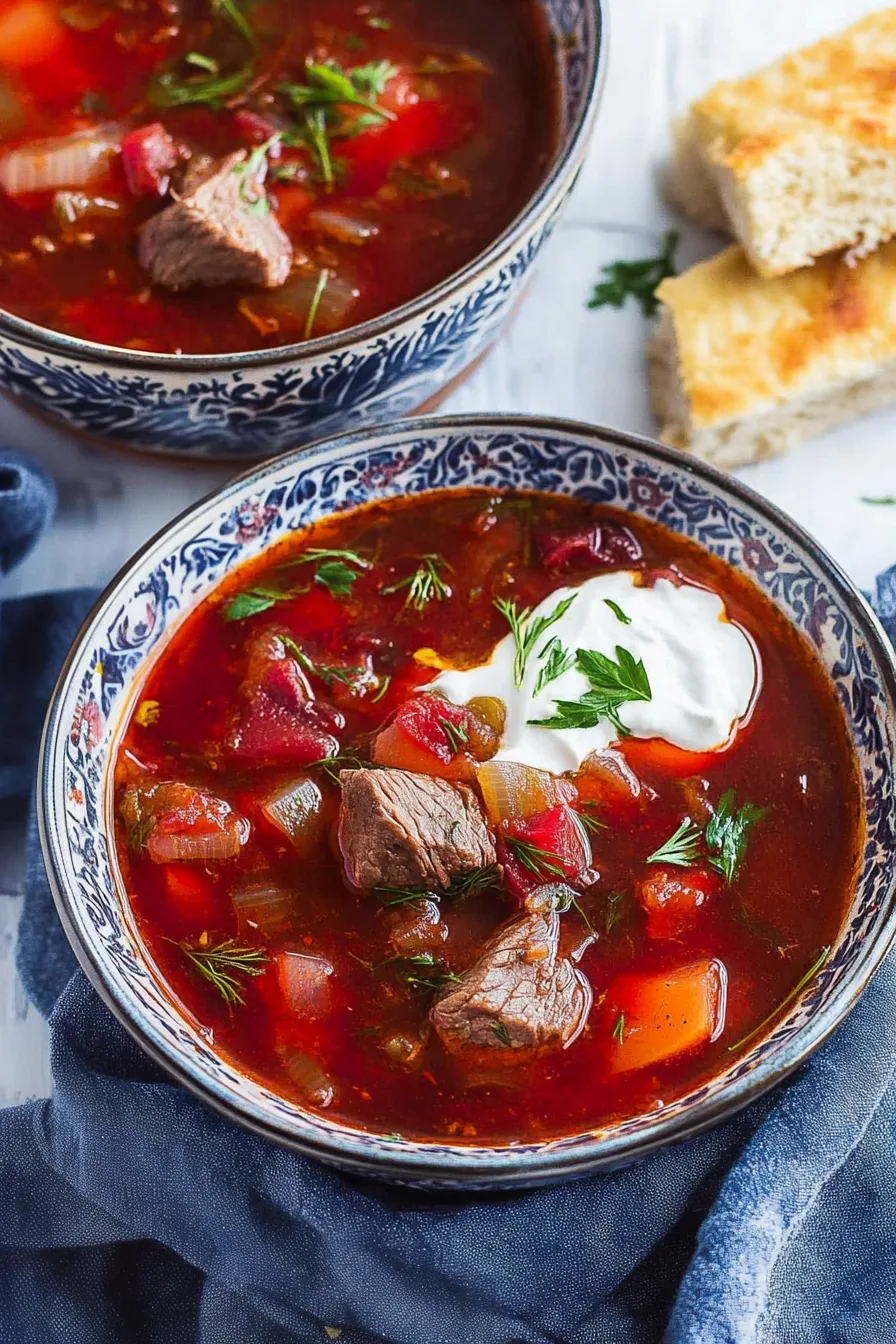 Vibrant beet and beef soup in a rustic bowl, garnished with herbs.
