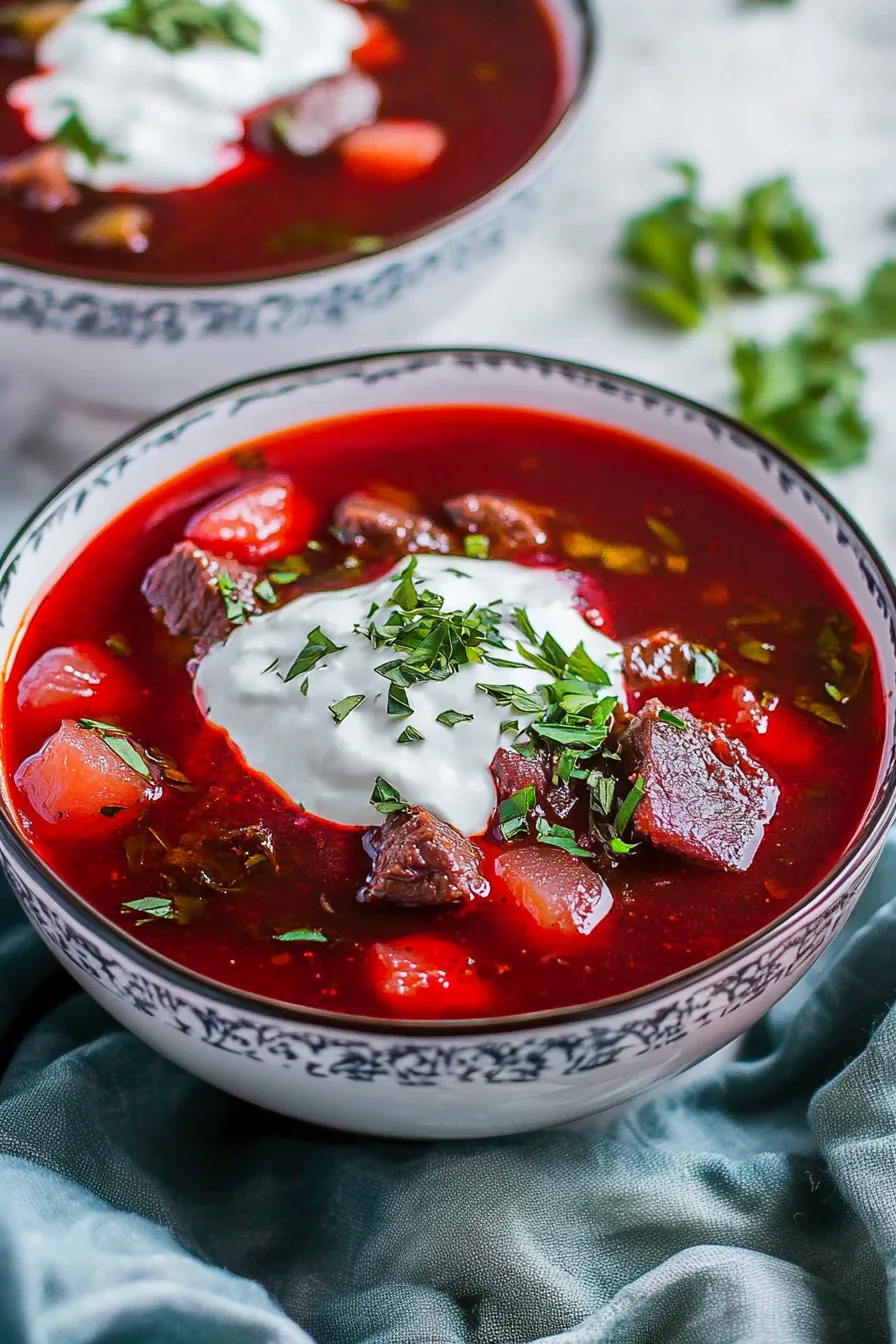 Bowl of rich red beet soup topped with sour cream and fresh herbs.