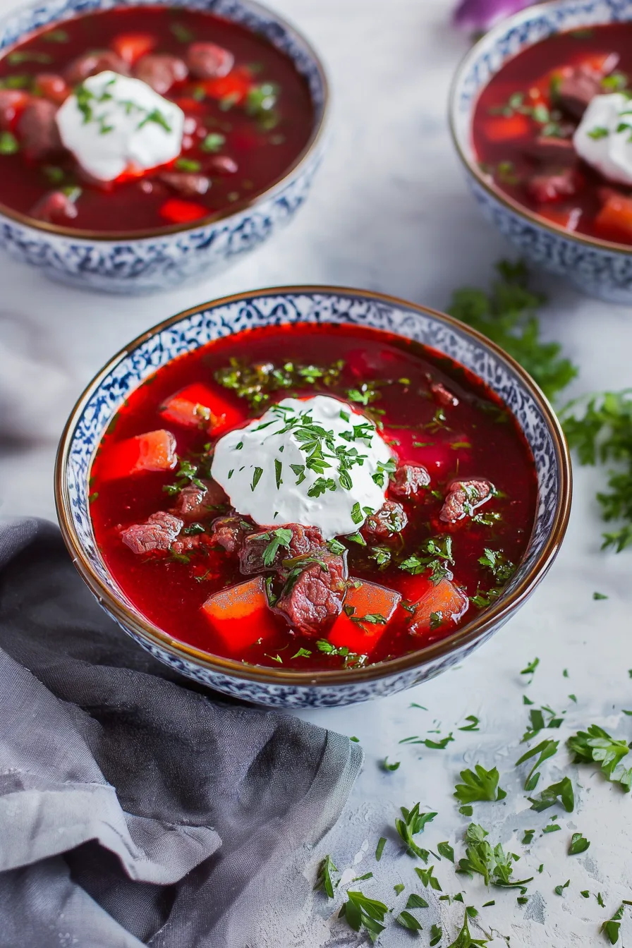 Warm, comforting red soup filled with beef pieces, potatoes, and beets.