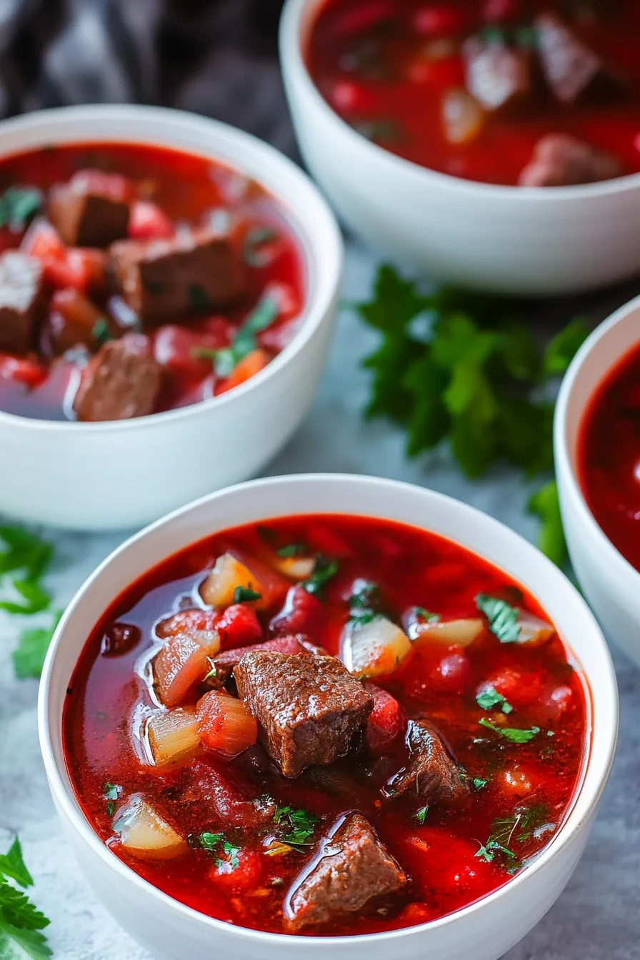 Traditional Eastern European soup served with a dollop of cream and parsley