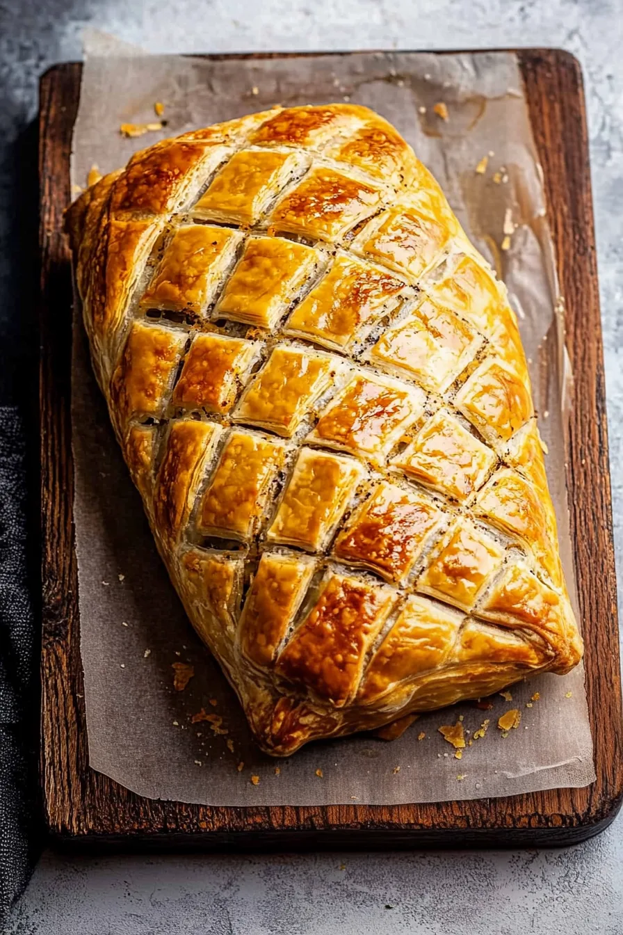 Cross-section of beef and mushroom duxelles encased in crisp, layered pastry.