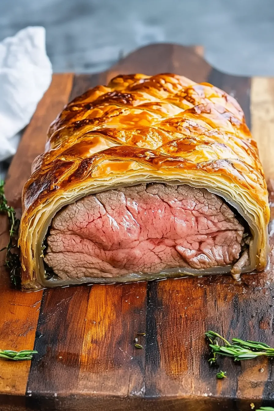 Elegant dinner presentation with slices of beef wrapped in puff pastry.