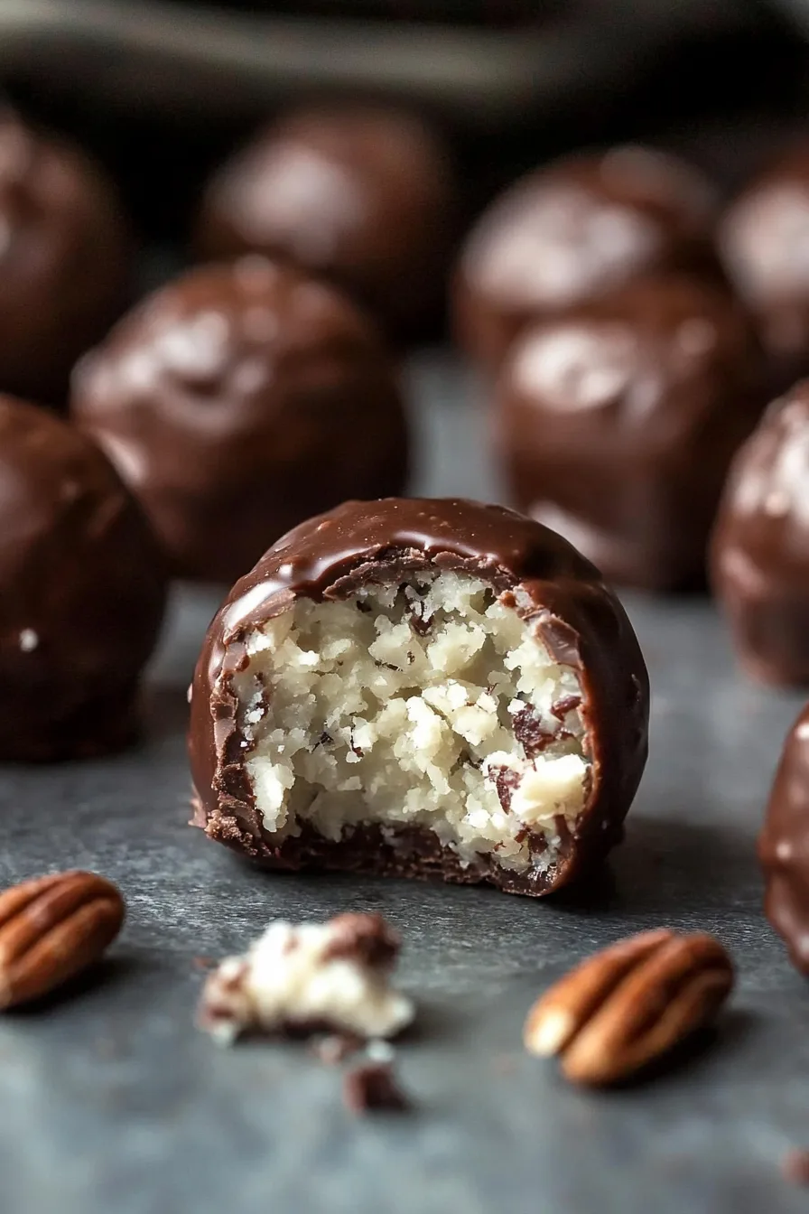Chocolate-coated dessert ball with a creamy nut filling, shown with a bite taken out.