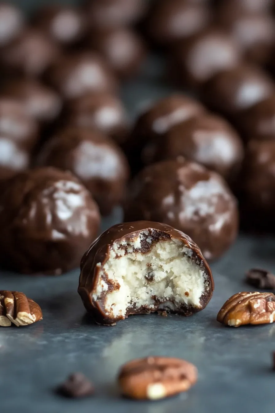 Rich chocolate bourbon treats with pecans scattered around.