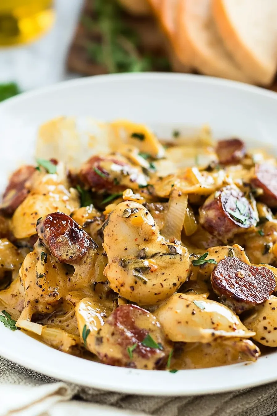 Close-up of golden potatoes and sausage cooked together in a rich, savory sauce.