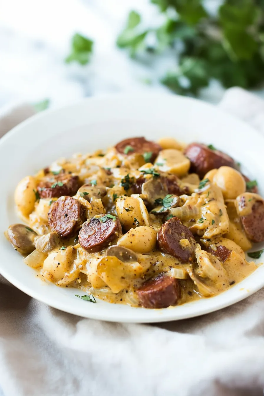 Comforting one-pan meal featuring crispy sausage and creamy potatoes.