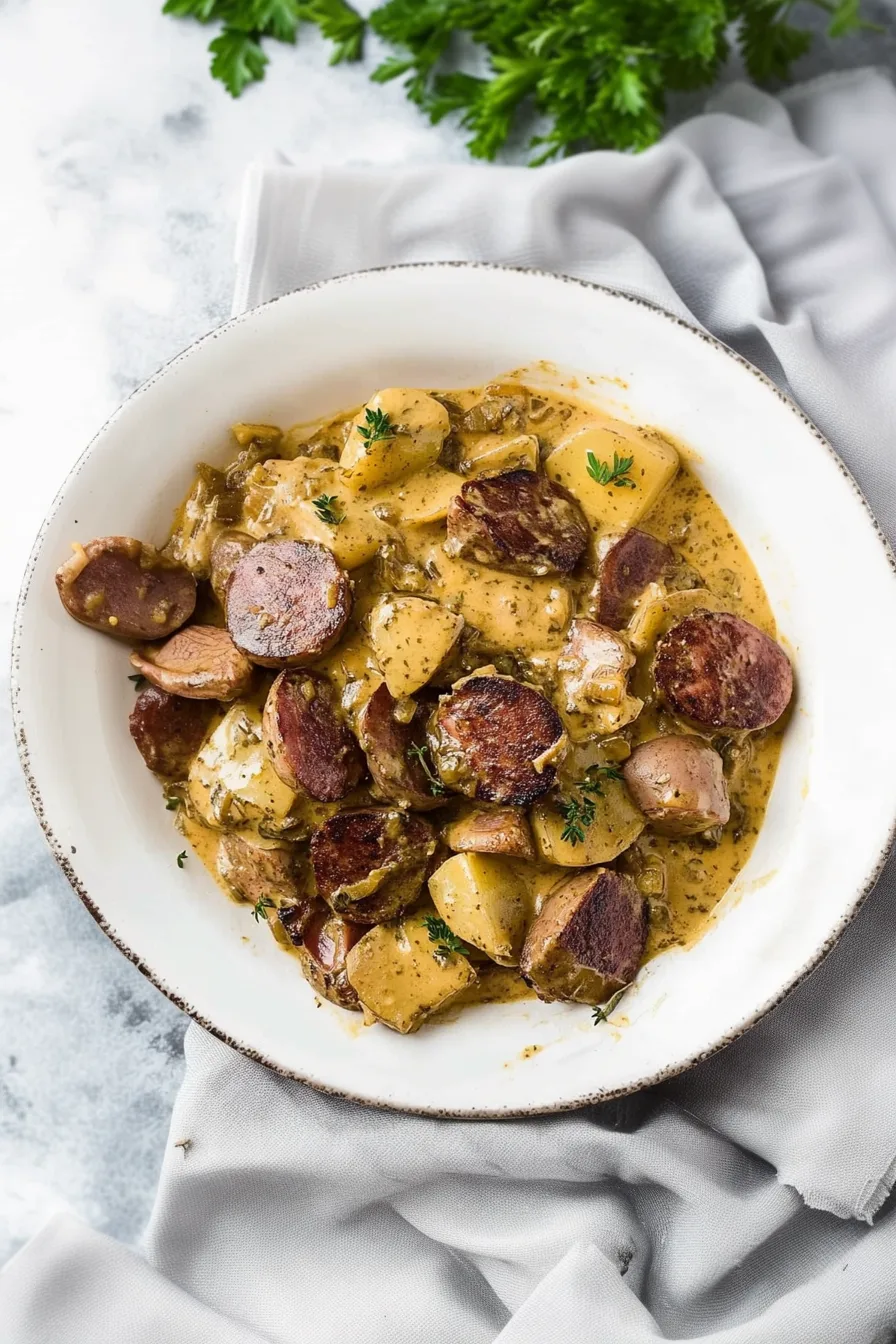 Warm, comforting potato and sausage dish garnished with fresh herbs.