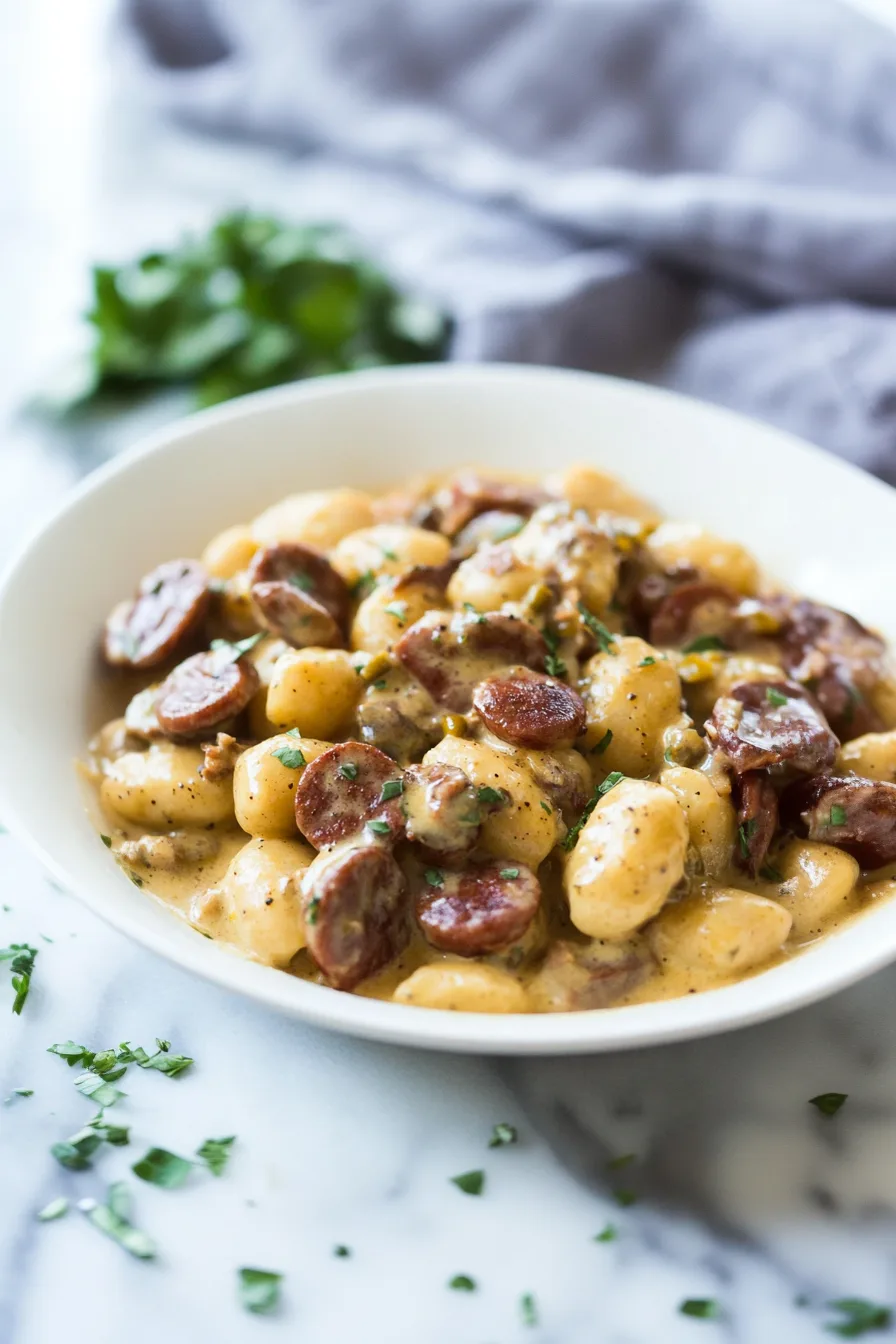 Crispy sausage slices and soft potatoes coated in a flavorful, creamy seasoning.