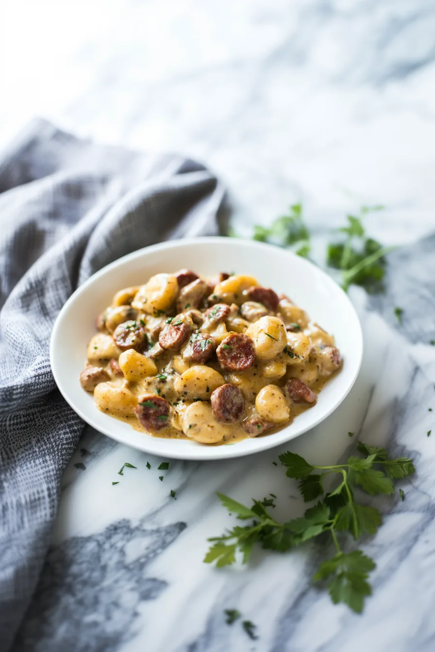 Rustic one-pan dinner with browned bratwurst, potatoes, and herbs.