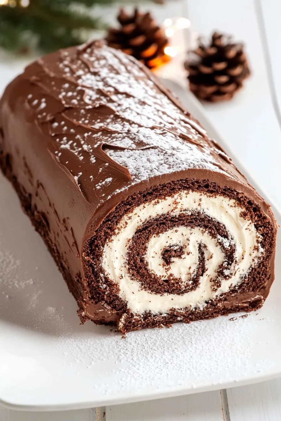 Chocolate cake roll filled with cream and topped with rich frosting.