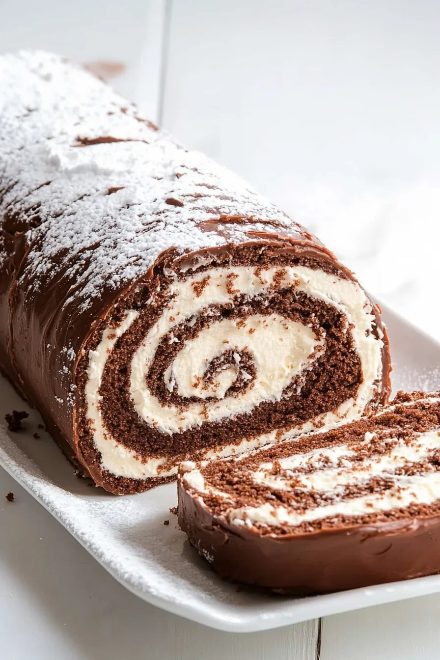 Festive holiday dessert shaped like a log, dusted with powdered sugar.