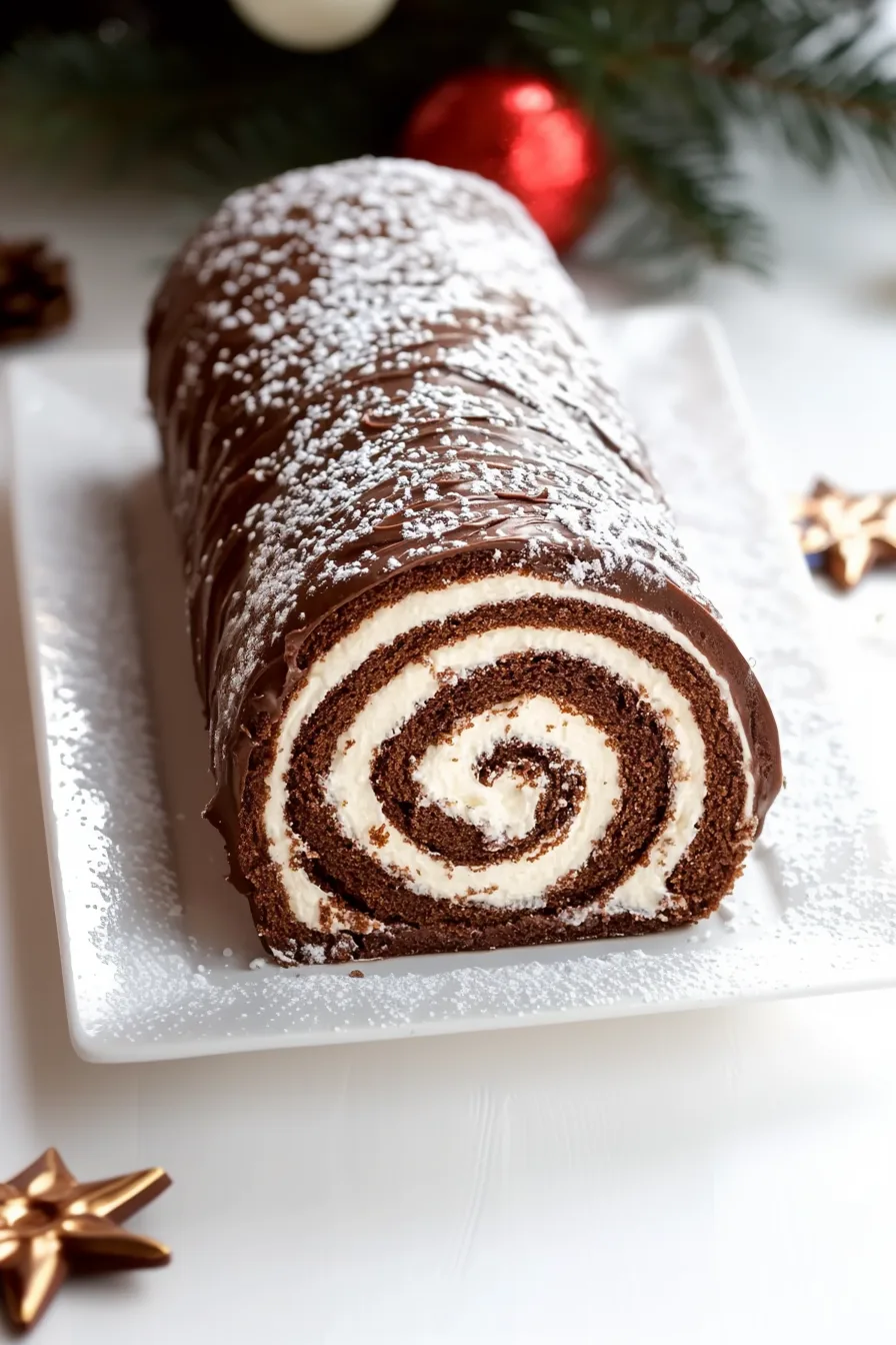 Homemade chocolate roulade with a light cream center and rustic frosting.